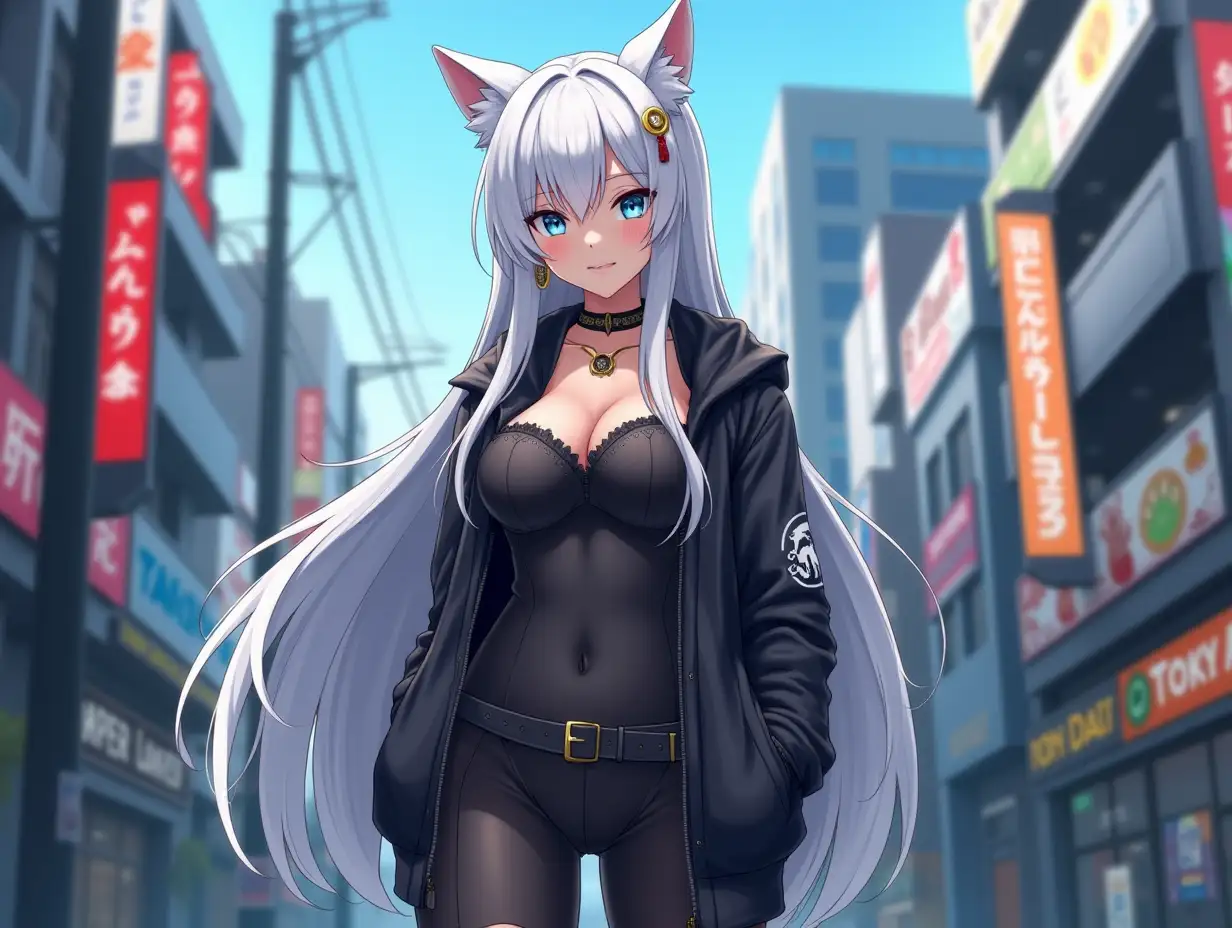 Anime mature adult woman with an hourglass body who looks like she is in her 30's with big breast, blue eyes, black and gold earrings, a choker around her neck, long white hair and white cat ears on her head. She is in a street jacket and torn leggings walking around in a tokyo cyber city. The back of her jacket has a wolf symbol.