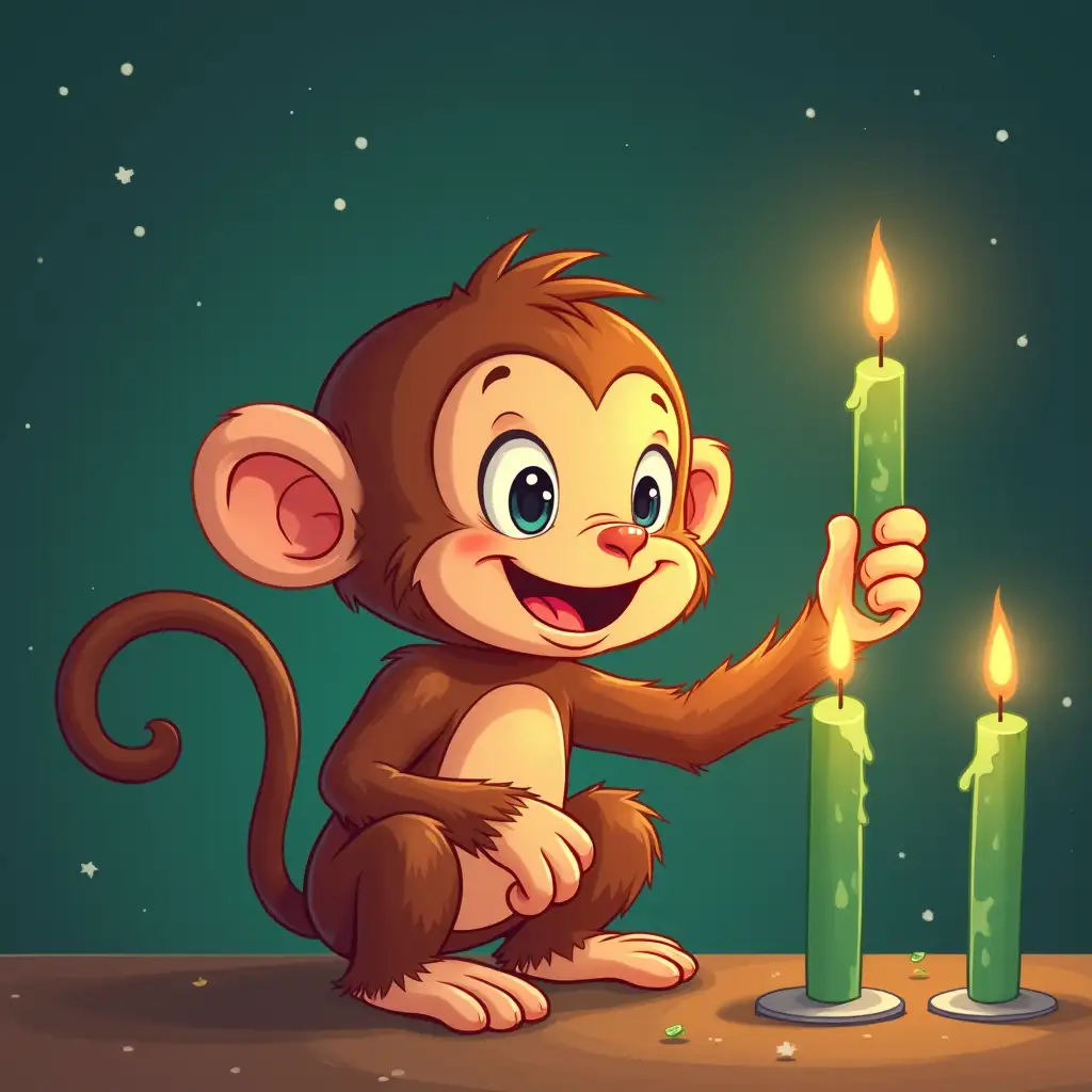 Light-Brown-Monkey-Playing-with-Green-Candles-as-Rockets-in-Comic-Style