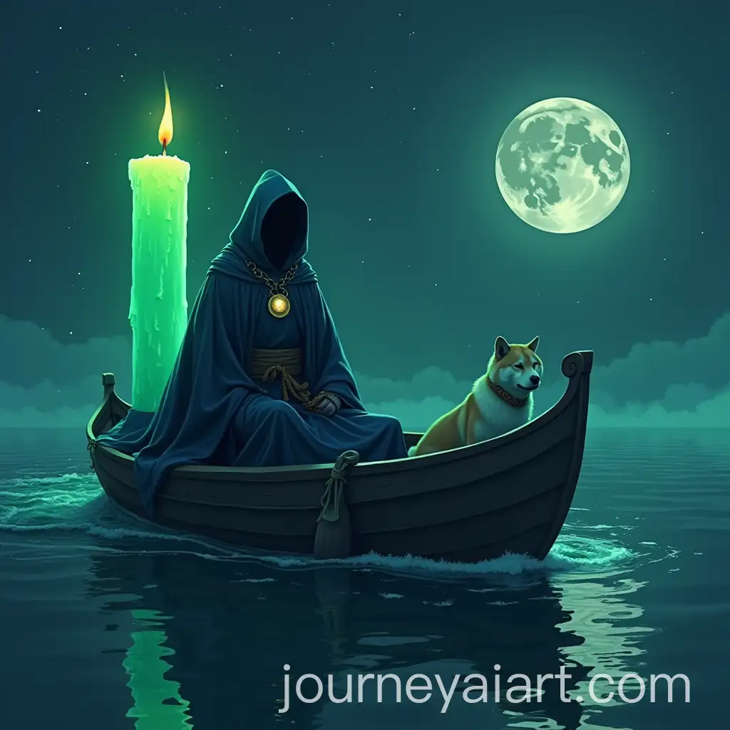 Shytoshi-Kusama-in-Dark-Blue-Robe-on-Boat-with-Armies-and-Shiba-Inu-Symbolizing-Crypto-Bull-Run