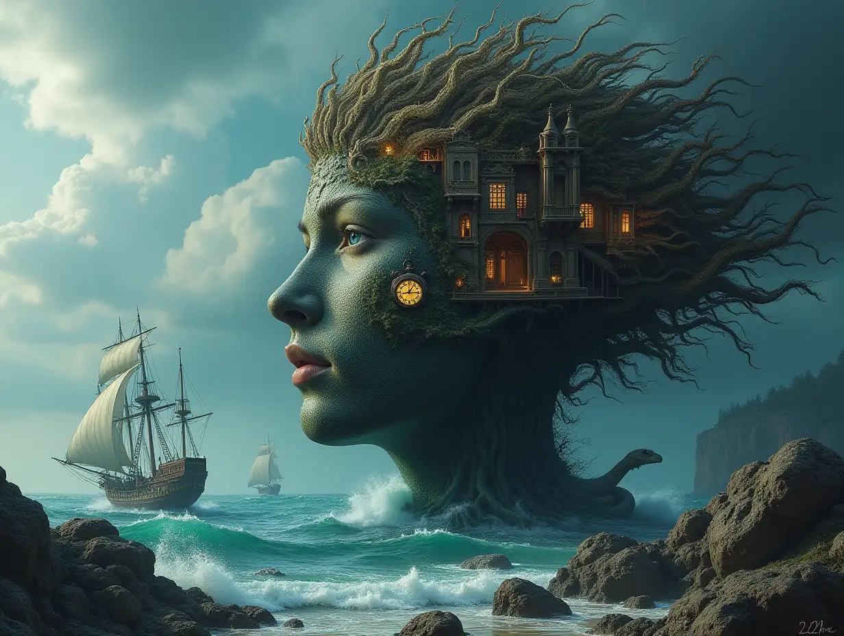 Face with hair transformed into building with lit up clock and roots on an island with sea ships giant snake with big stones and large waves