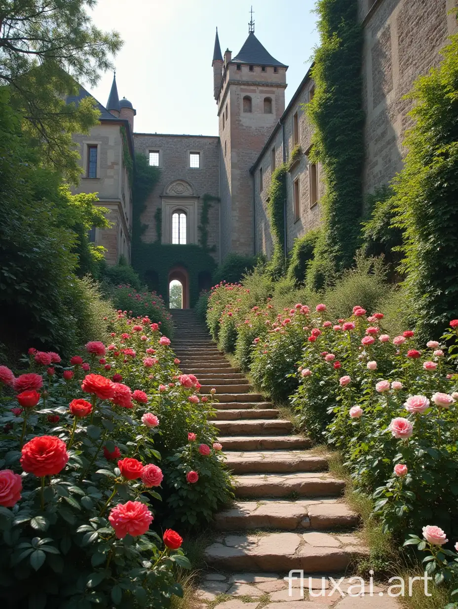 old garden with small red, pink and white roses, steps of ruined medieval german castle covered with roses, medieval botticelli style, pastel colors