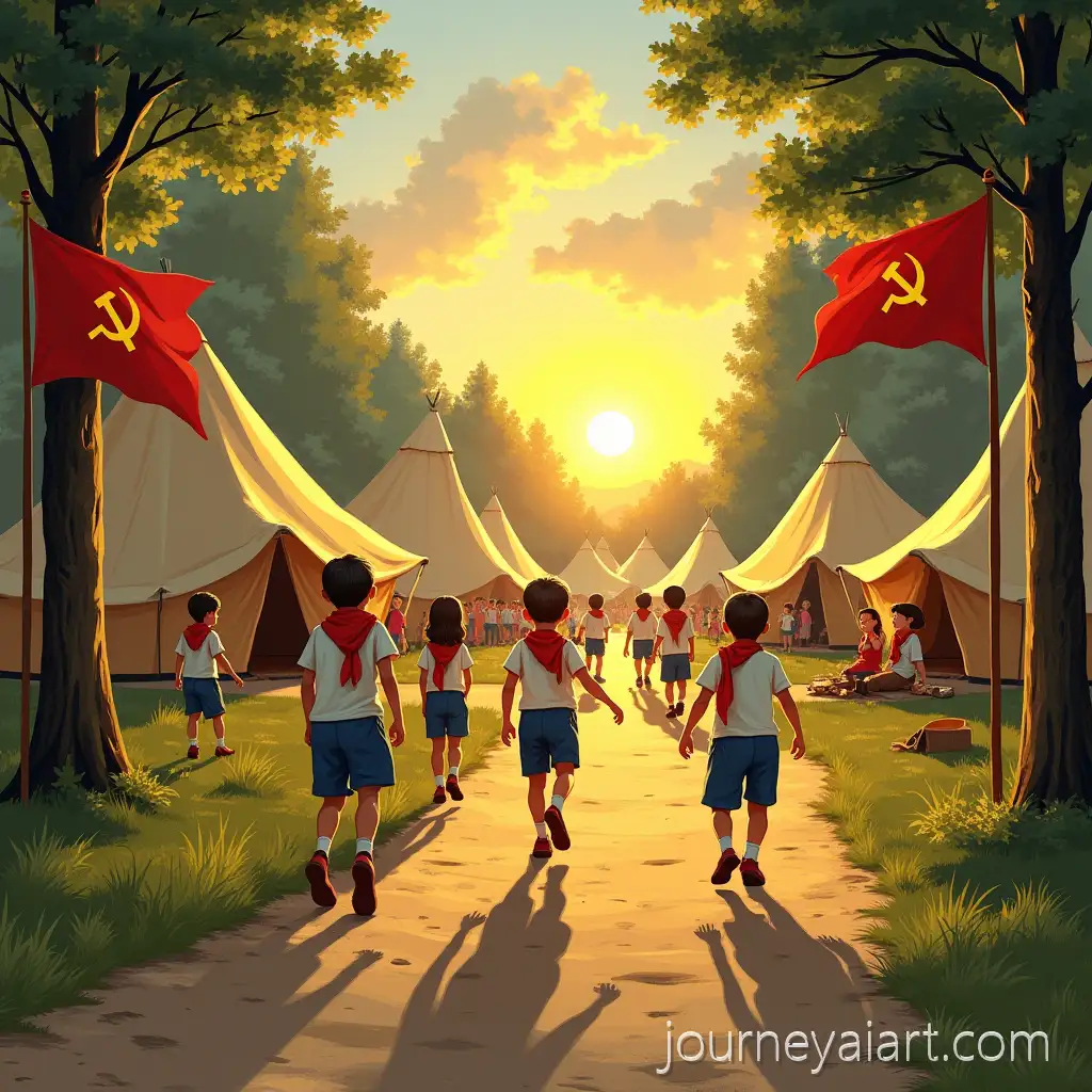 Soviet-Pioneer-Summer-Camp-at-Sunrise-with-ChildrenSoviet-pioneer-summer-camp-and-Campfire