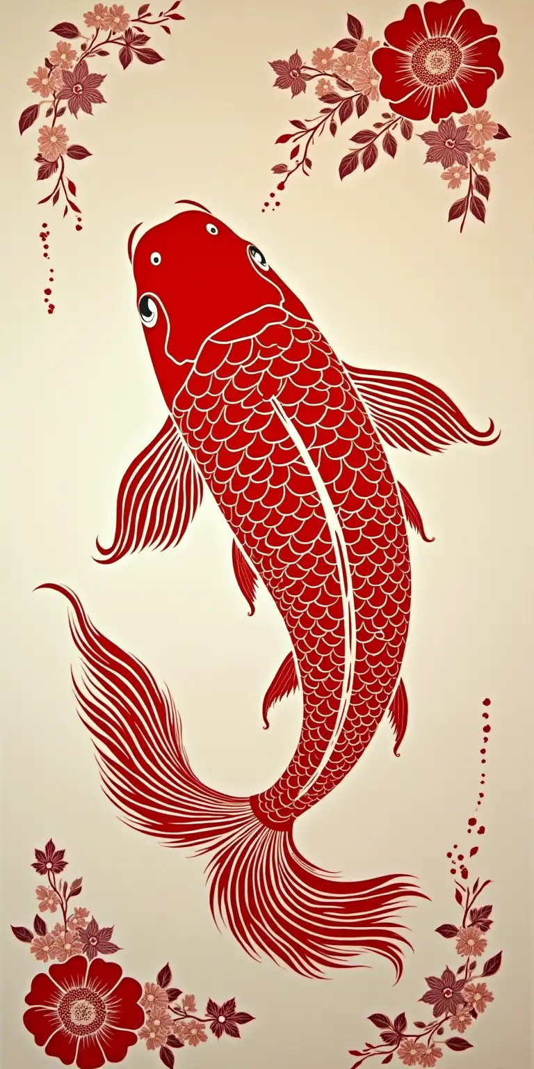 Traditional Stencil Japanese Mural Featuring a Red Koi Fish