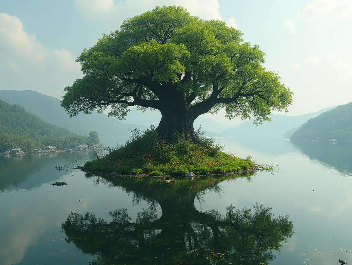 Building treeHeadred with lake, moss and flowers