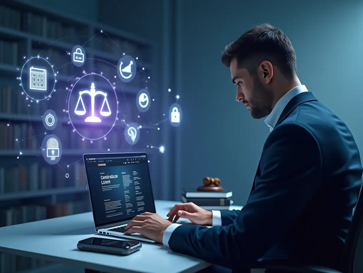 A **hyperrealistic** male lawyer sitting on the left side of the image at a modern digital desk, wearing a formal dark suit and tie, focused and working on a laptop. The laptop screen shows a professional law firm website. Around him, floating **photorealistic** semi-transparent digital icons: contact form, appointment calendar, message/chat icon, justice scale ⚖️, a pie chart and bar graph, glowing holographic folders, a fingerprint scan, digital contract document, and a secure padlock. On the desk are a smartphone, a tablet, a legal book, a glowing Persian-style law firm logo in deep purple-blue, connected by glowing lines to suggest interconnectivity. The background is a clean modern minimalist office or abstract digital space, with network and cloud symbols subtly floating in the sky to reflect an online presence. Strong use of legal elements like books, gavel, documents, and scales of justice, combined with tech elements like data charts, biometric icons, and digital UI. Color palette: deep indigo/purple-blue (matching the logo), white, light gold, cool bluish accents. **The ENTIRE right side of the image is clean, completely empty, and intentionally devoid of ANY elements. Maximize the blank space on the right for text or graphic additions.** The image should look like a **high-resolution photograph**, with realistic lighting and textures.