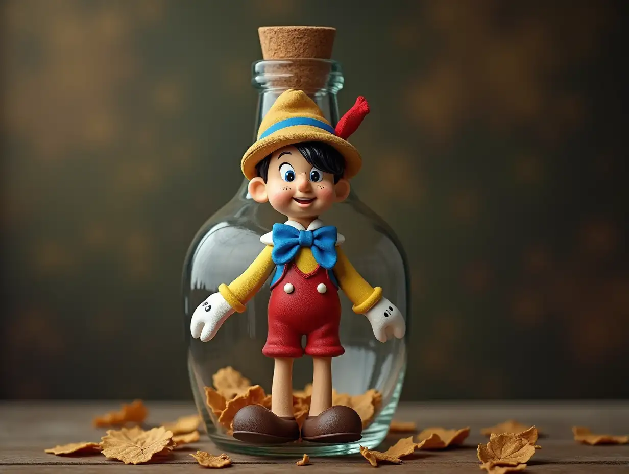 Photo-realistic image of Pinocchio into a glass bottle
