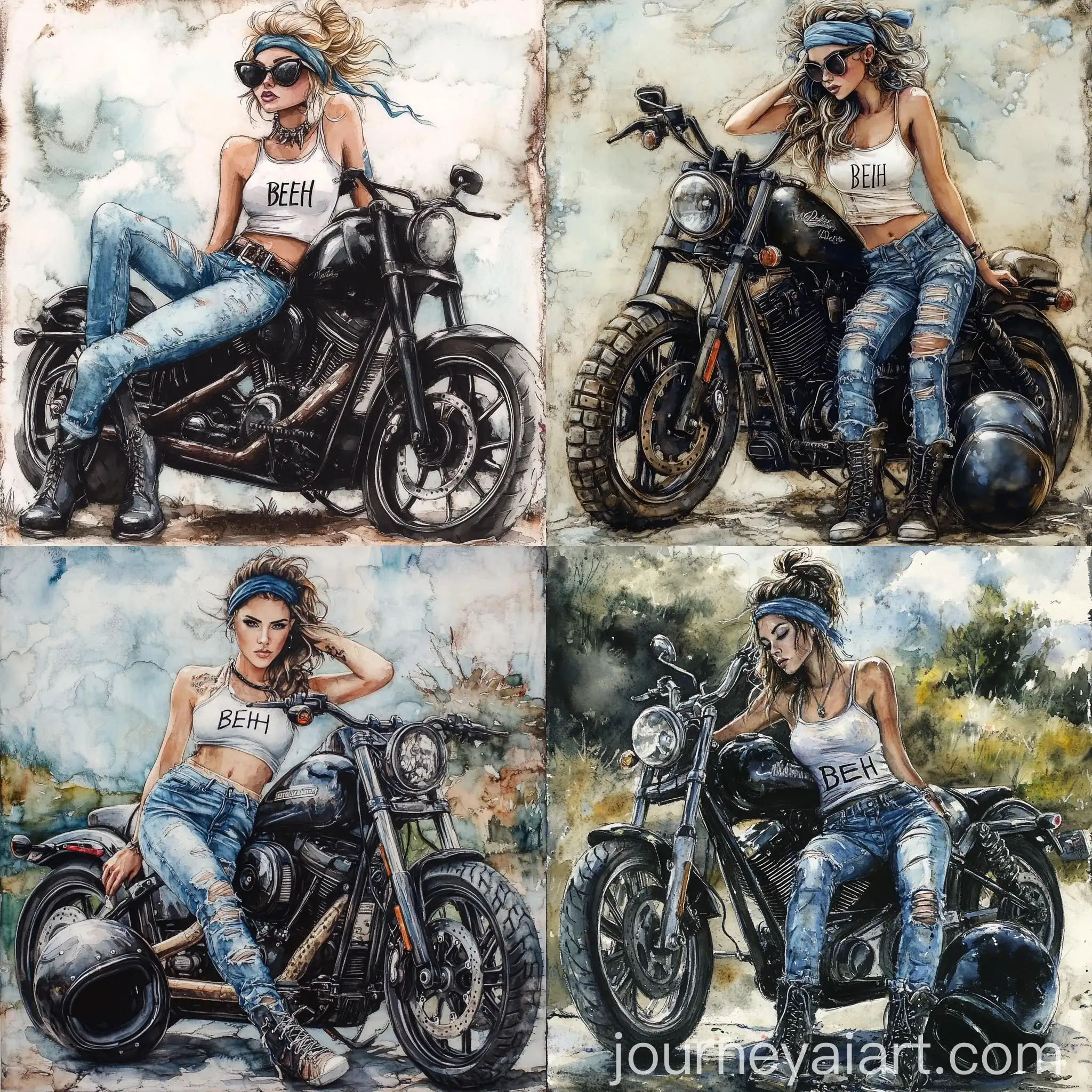 Whimsical-Woman-with-Black-Motorcycle-in-Soft-Pastel-Watercolors