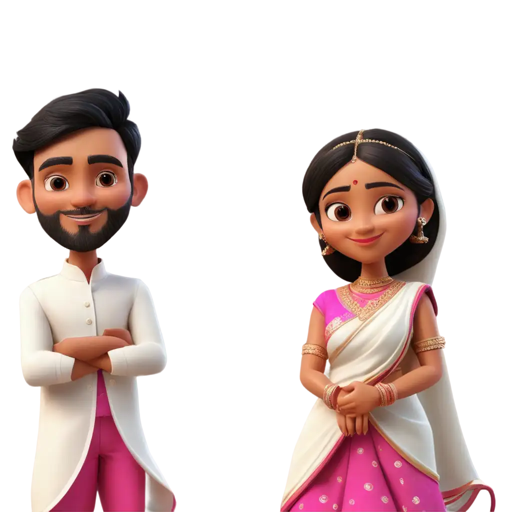 Cartoon-Indian-Wedding-Couple-in-White-and-Pink-Saree-PNG-Image-Vibrant-Illustration-for-Cultural-Celebrations