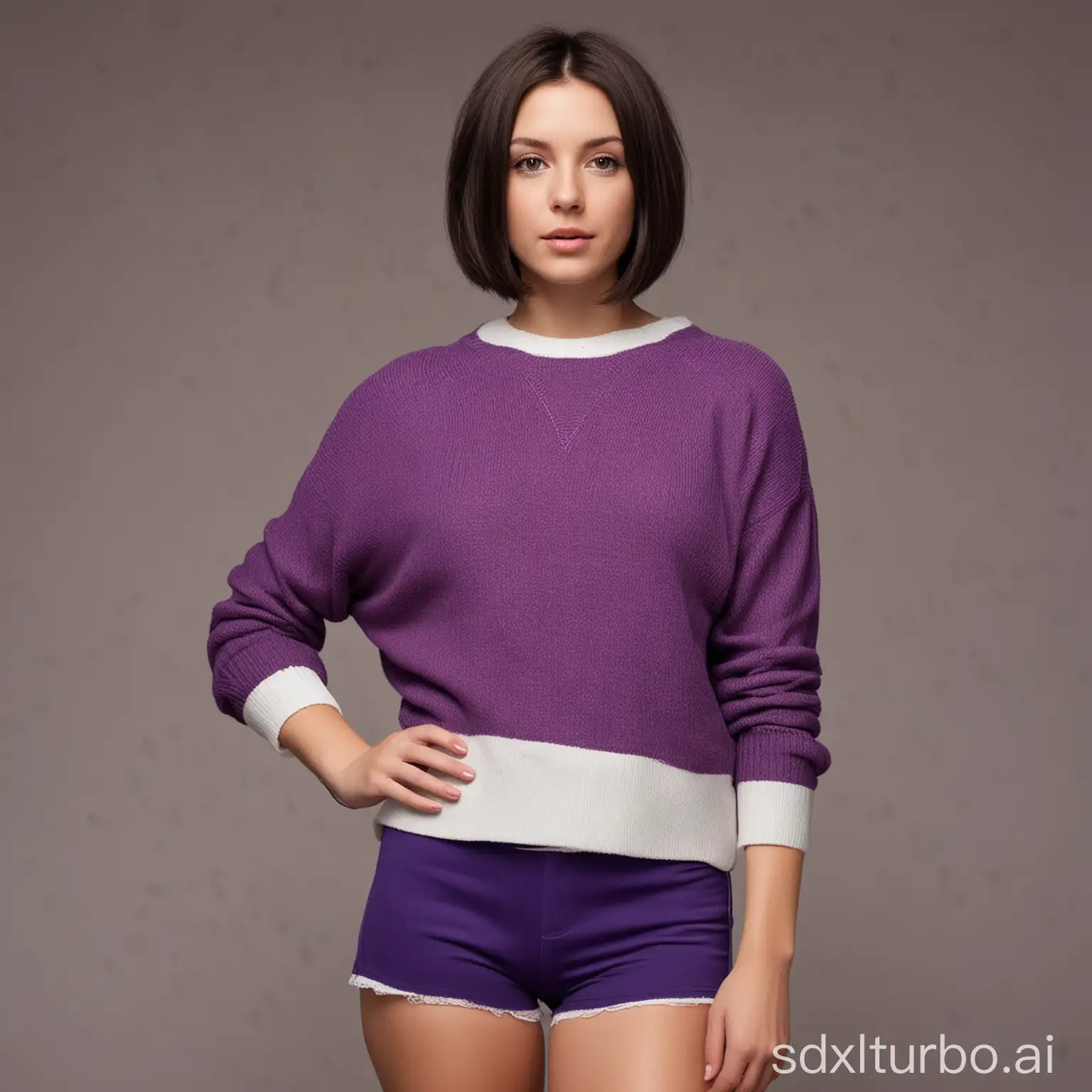 White female with dark-brown bob and purple jumper. Tight shorts.