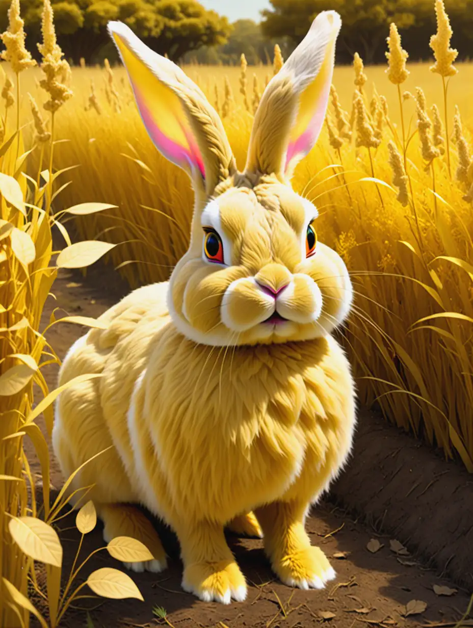 Fantasy Movie Scene Golden Rabbit with Tuft in Field by Bush