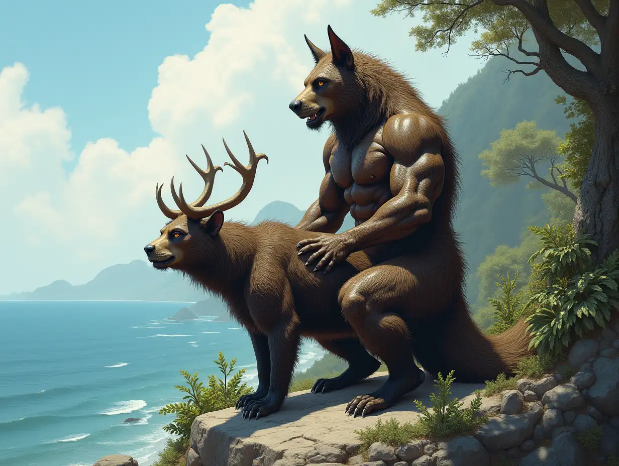 Detailed photo. A full body representation of an Animal-Hybrid Samurai bodybuilder with Ursus arctos and Ursus arctos on a rock with plants trees and sea