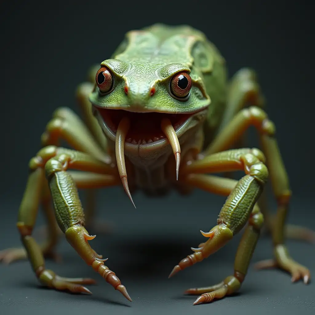 A creature that has the body of a spider and the head of a frog. Mouth is open and it has two tusks coming up from lower jaw