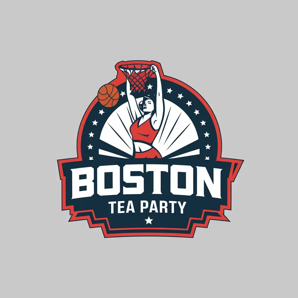 LOGO Design for Boston Tea Party Women Dunking Basketball with Red White and Blue Retro Flare