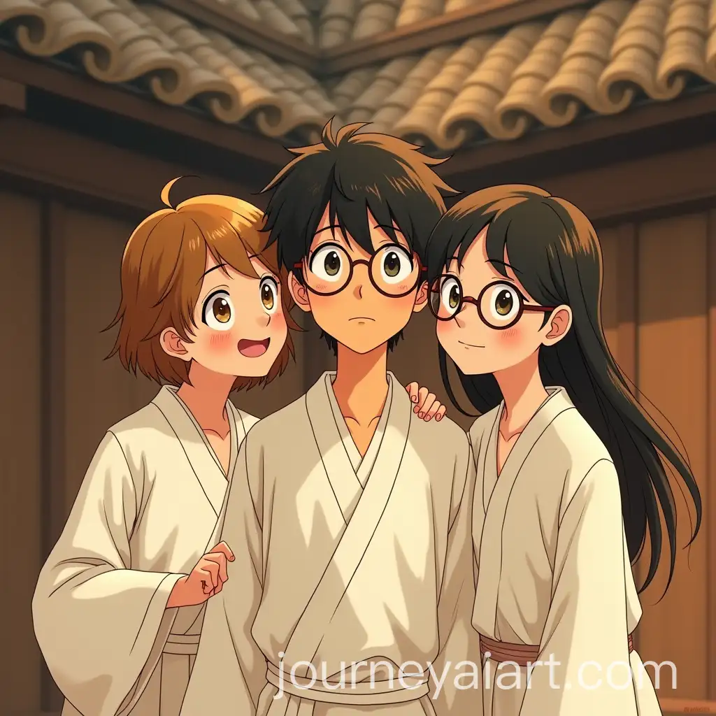 Three-Friends-in-Traditional-Clothing-in-a-Cozy-Studio-Ghibli-Village