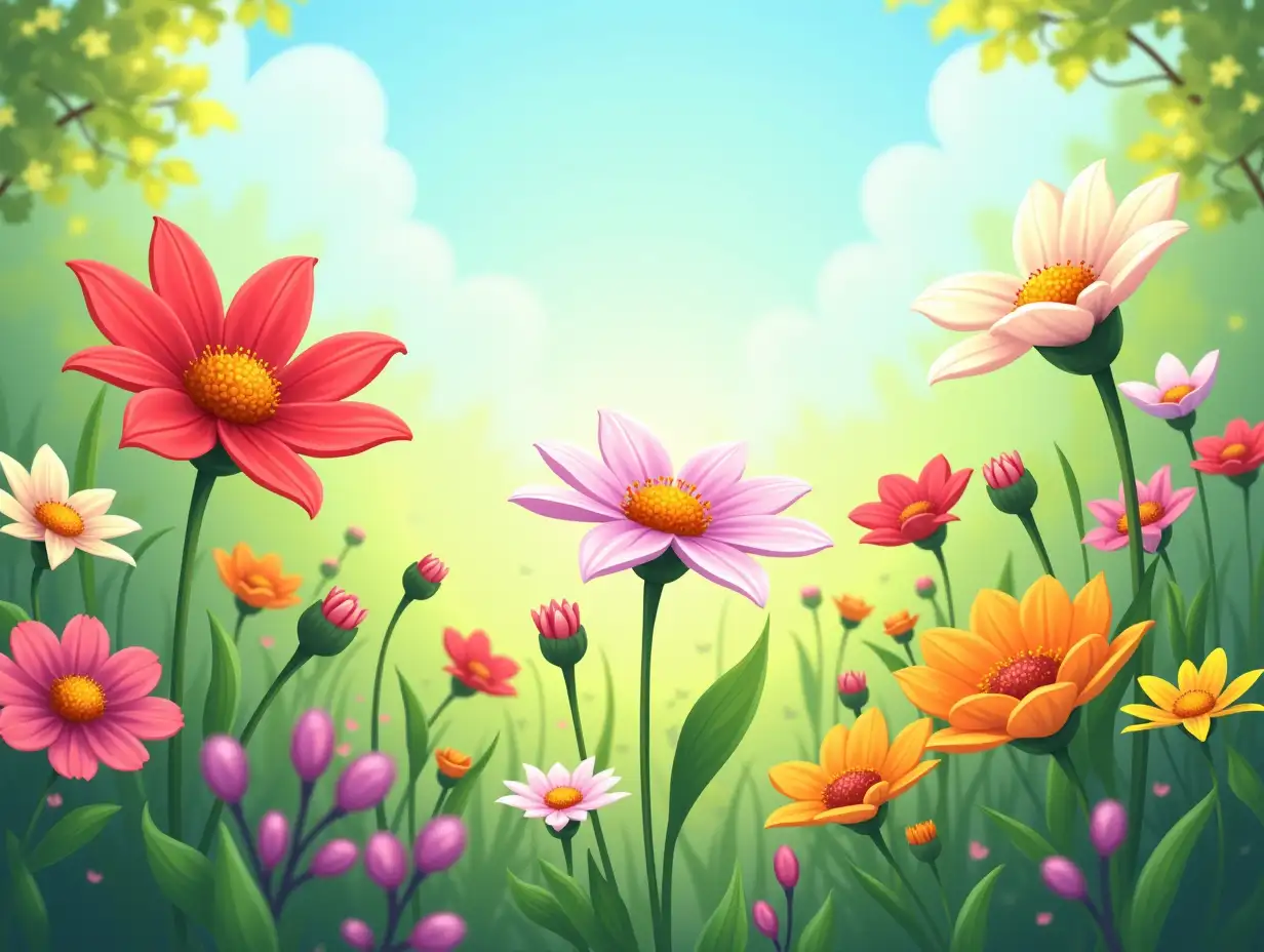 flowers are blooming in garden, cartoon style