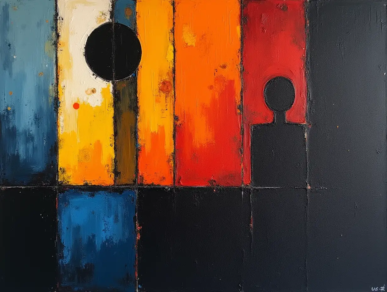 A picture in a grid, stripe, primitively schematic minimalism, figure darkness in the style of Kandinsky, Malevich, minimalism, simplify for beginner artist acrylic many colors, constructivism abstract, rather dark