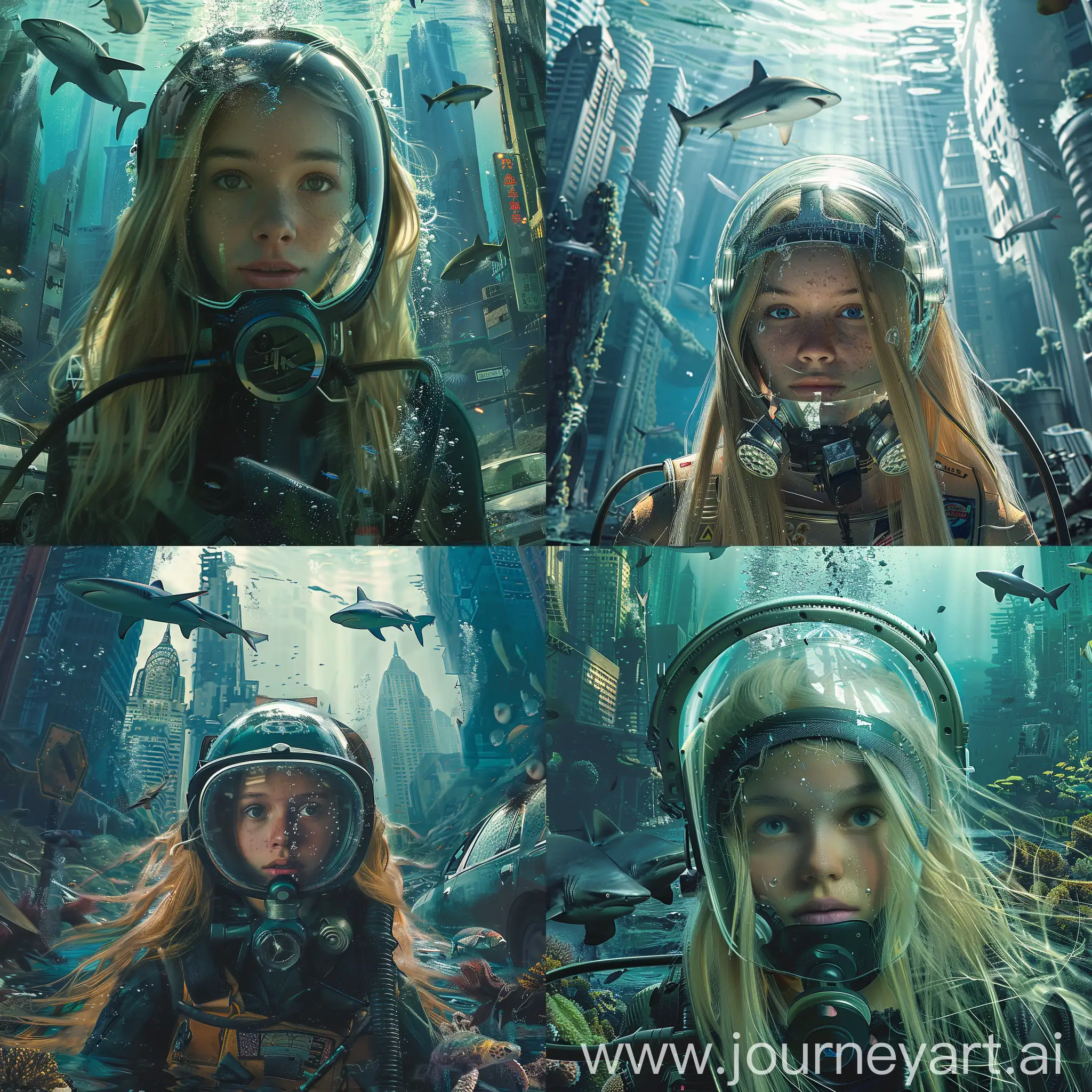 Blonde-Girl-in-Scuba-Gear-Observing-Sunken-Megapolis