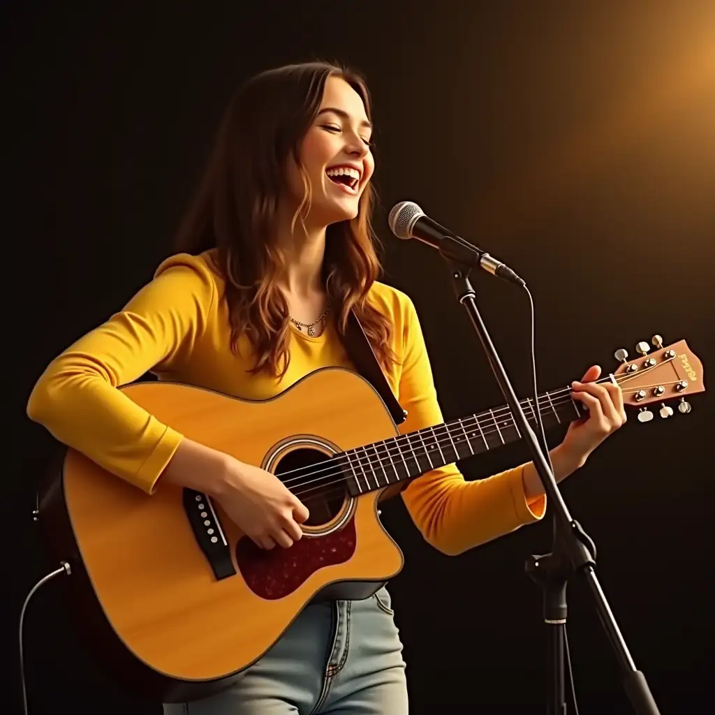 Beautiful lady playing guitar while singing in microphone and dancing to acoustic music tunes. But let the same beautiful lady this time be putting on a yellow top