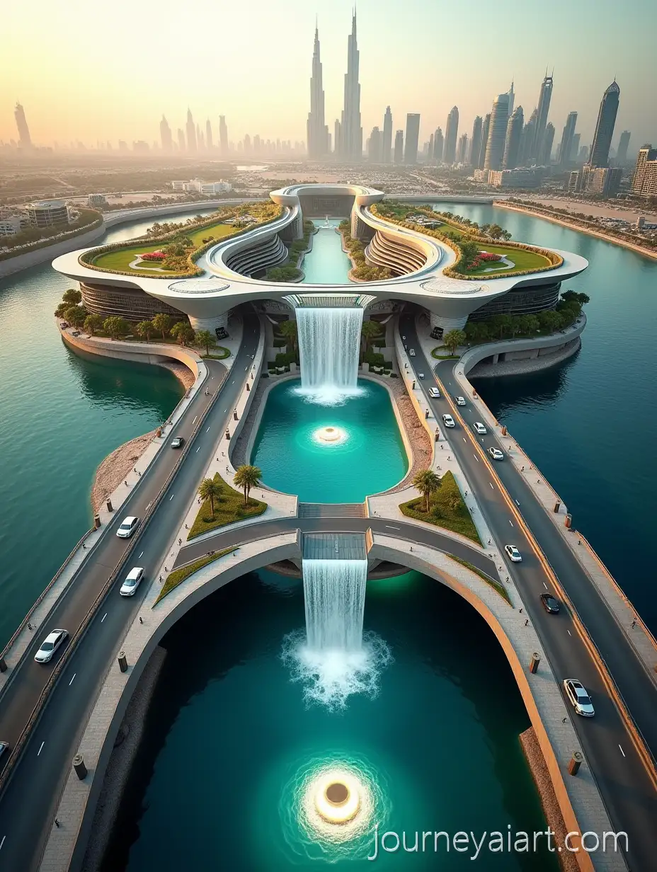 Futuristic-Luxury-Bridge-Hotel-in-Dubai-atDubai-luxury-bridge-architecture-Dawn-with-Waterfall-and-Skyline