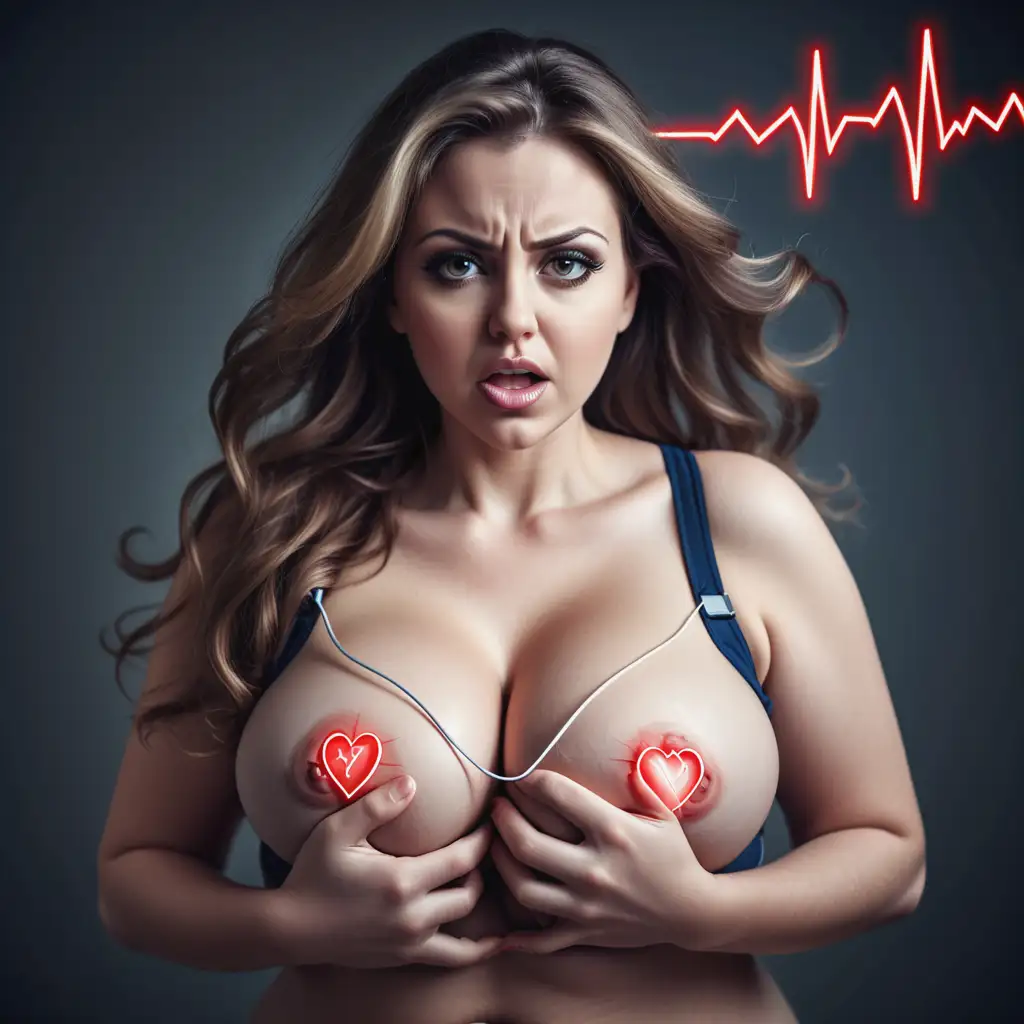 mujer hermosa con curvas y senos enormes sufriendo un infarto conectada a un electrocardiograma