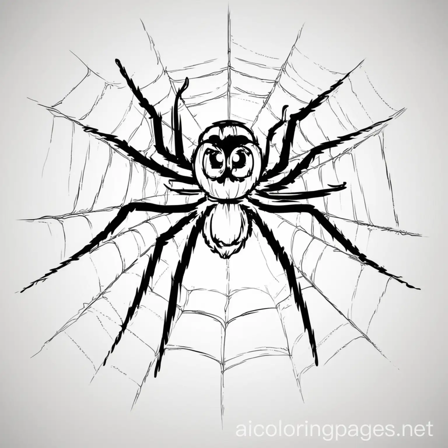 spider, Coloring Page, black and white, line art, white background, Simplicity, Ample White Space. The background of the coloring page is plain white to make it easy for young children to color within the lines. The outlines of all the subjects are easy to distinguish, making it simple for kids to color without too much difficulty