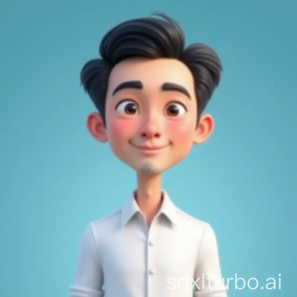 Create a 3D caricature cartoon art style full body with a big head. A 35 year old Indonesian man. Tall, slightly thin body, oval face shape. Oval chin, handsome, slightly round eyes, clean white skin, faint smile. Black hair with a side part. Wearing a white shirt. Body position is clearly visible. Blue gradient background, UHD 64k, high quality image, soft photography