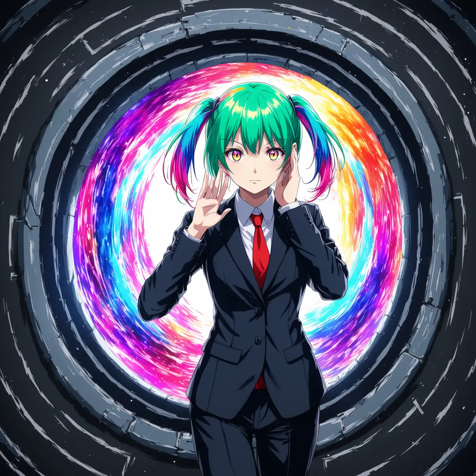 Anime Girl in Colorful Suit Listening through Portal