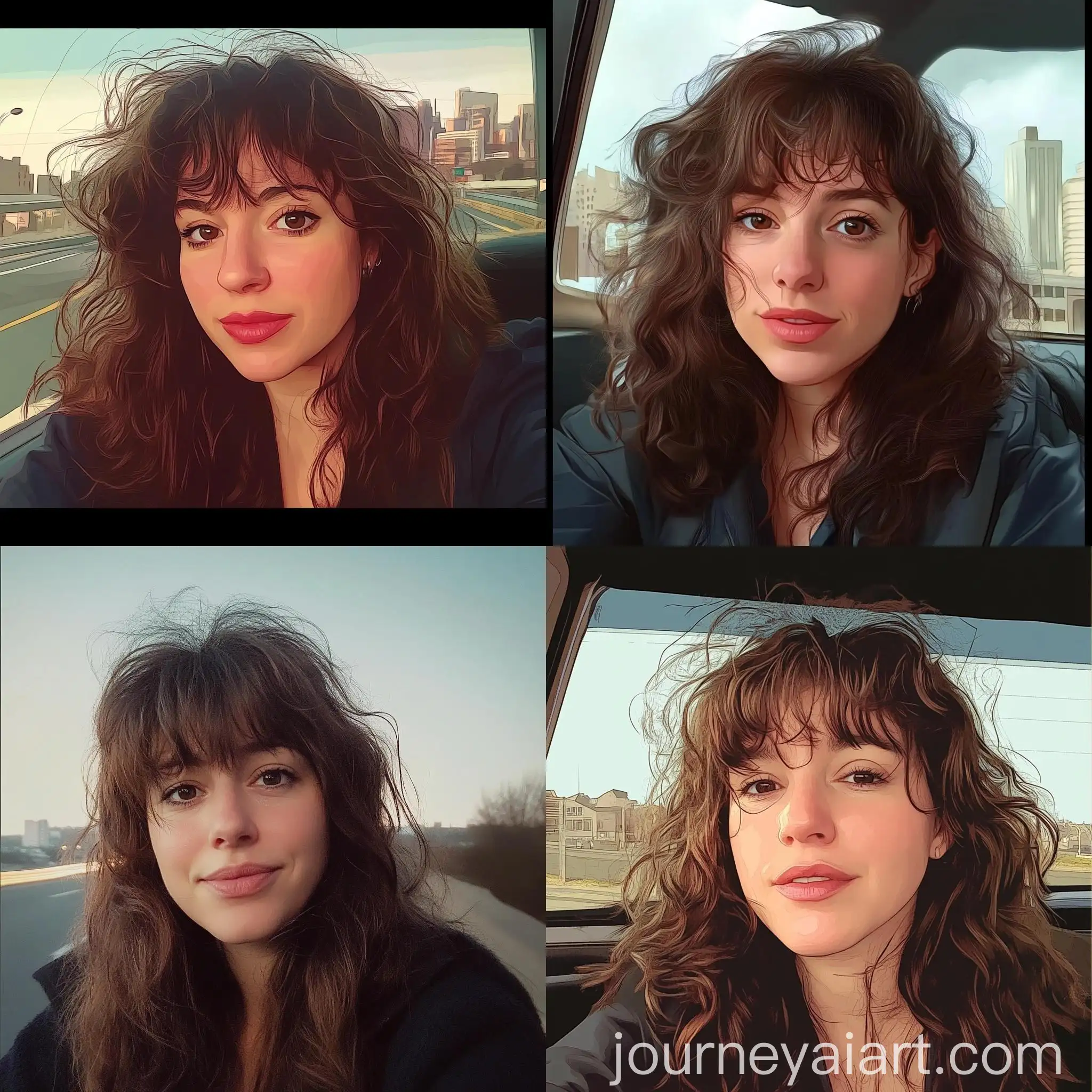 Curly-Bangs-Woman-Traveling-on-Quiet-Road-with-City-View