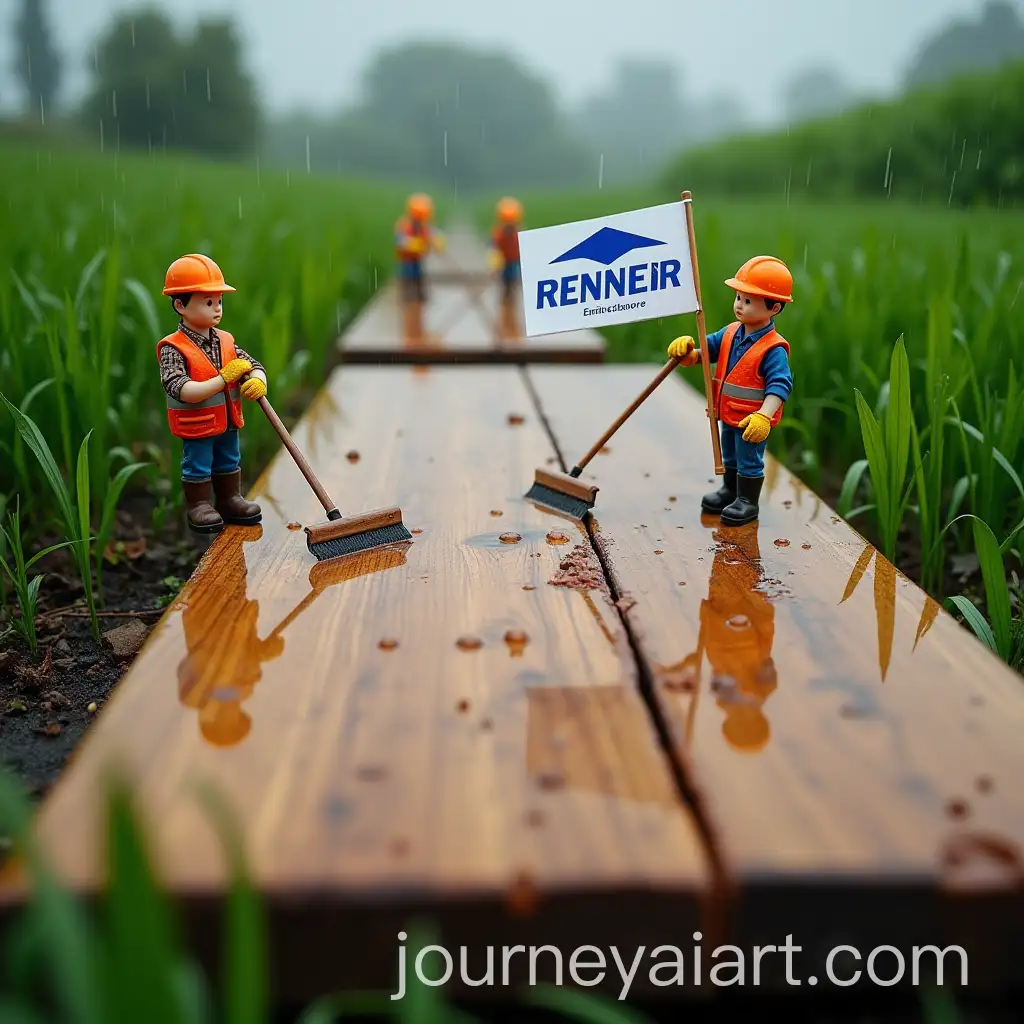 Construction-Workers-Removing-Rainwater-from-Teak-Plank-in-Lush-Greenery