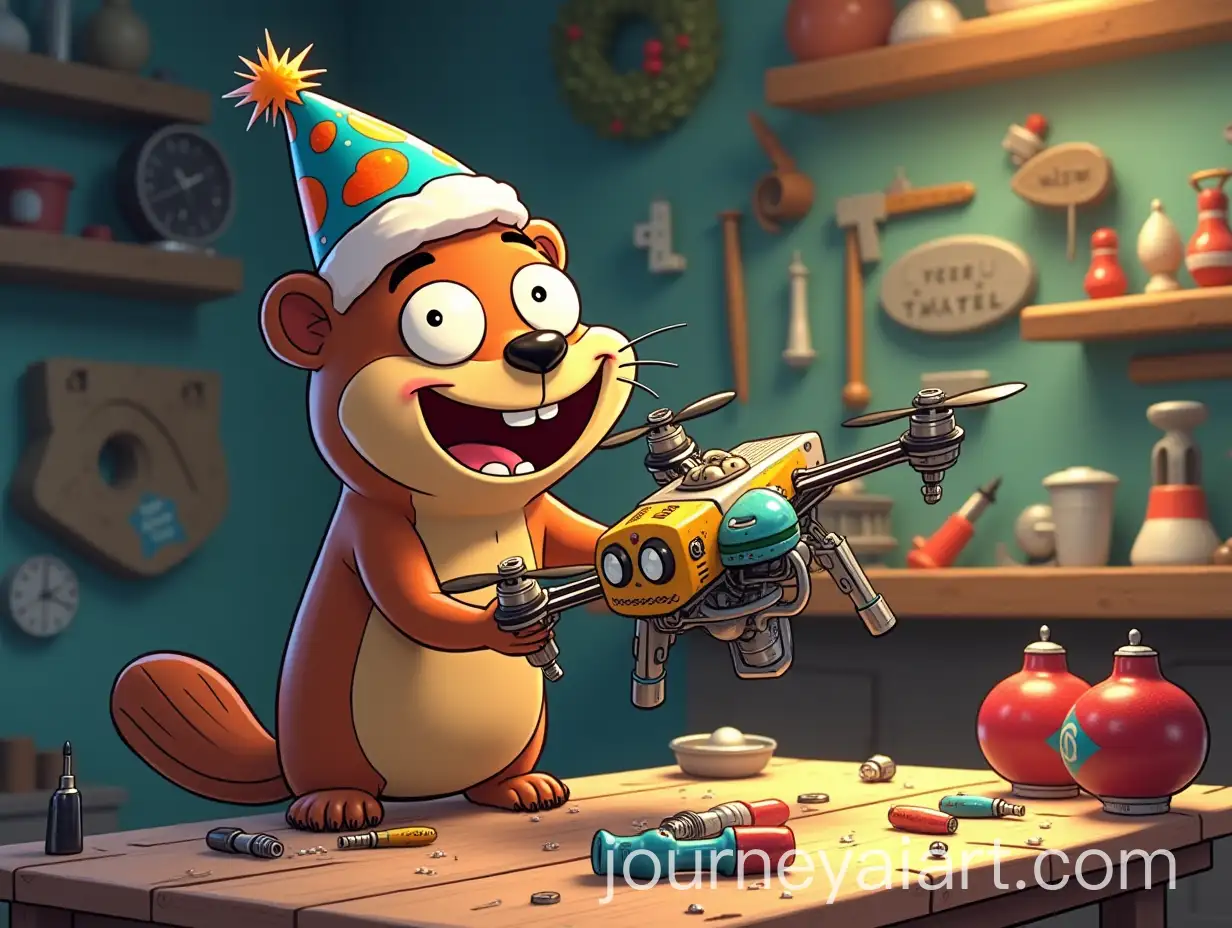 Cheerful-Beaver-Building-a-Quirky-Quadcopter-in-a-Whimsical-Workshop