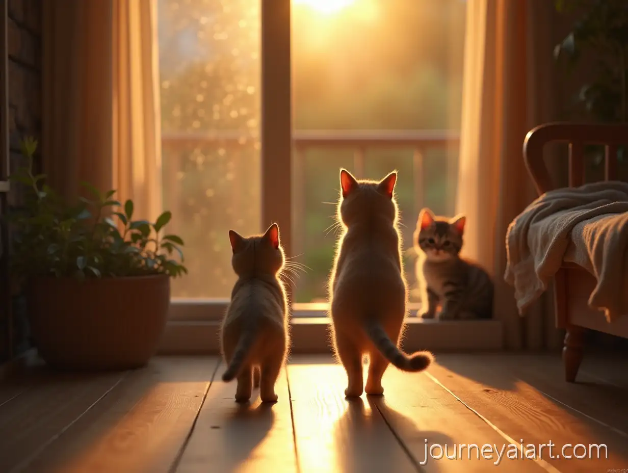 Mother-CatAI-Image-Prompt-Expansion-and-Kitten-Leaving-at-Sunrise-Viewed-Through-Foggy-Window