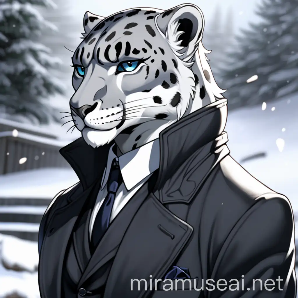 Snow Leopard Male Humanoid in 1920s Mafia Outfit with Trenchcoat and Cigarette