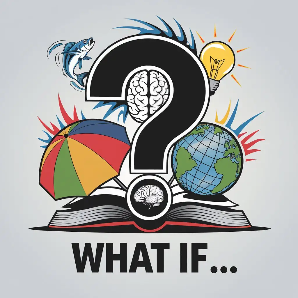 LOGO Design for What If Black Question Mark with Human Brain Colorful Fish Light Bulb Umbrella Globe and Open Book