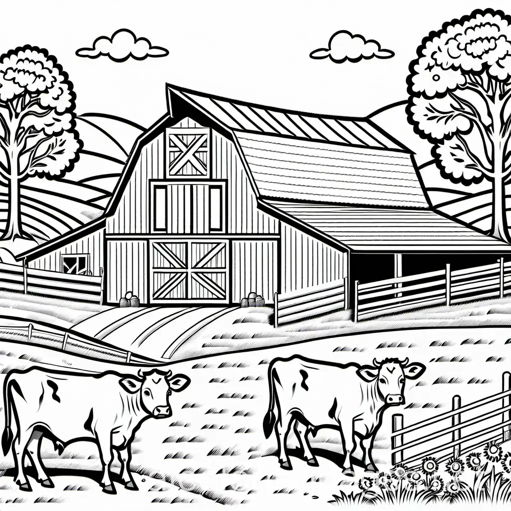 Cows-in-Barns-Coloring-Page-Black-and-White-Line-Art-for-Kids