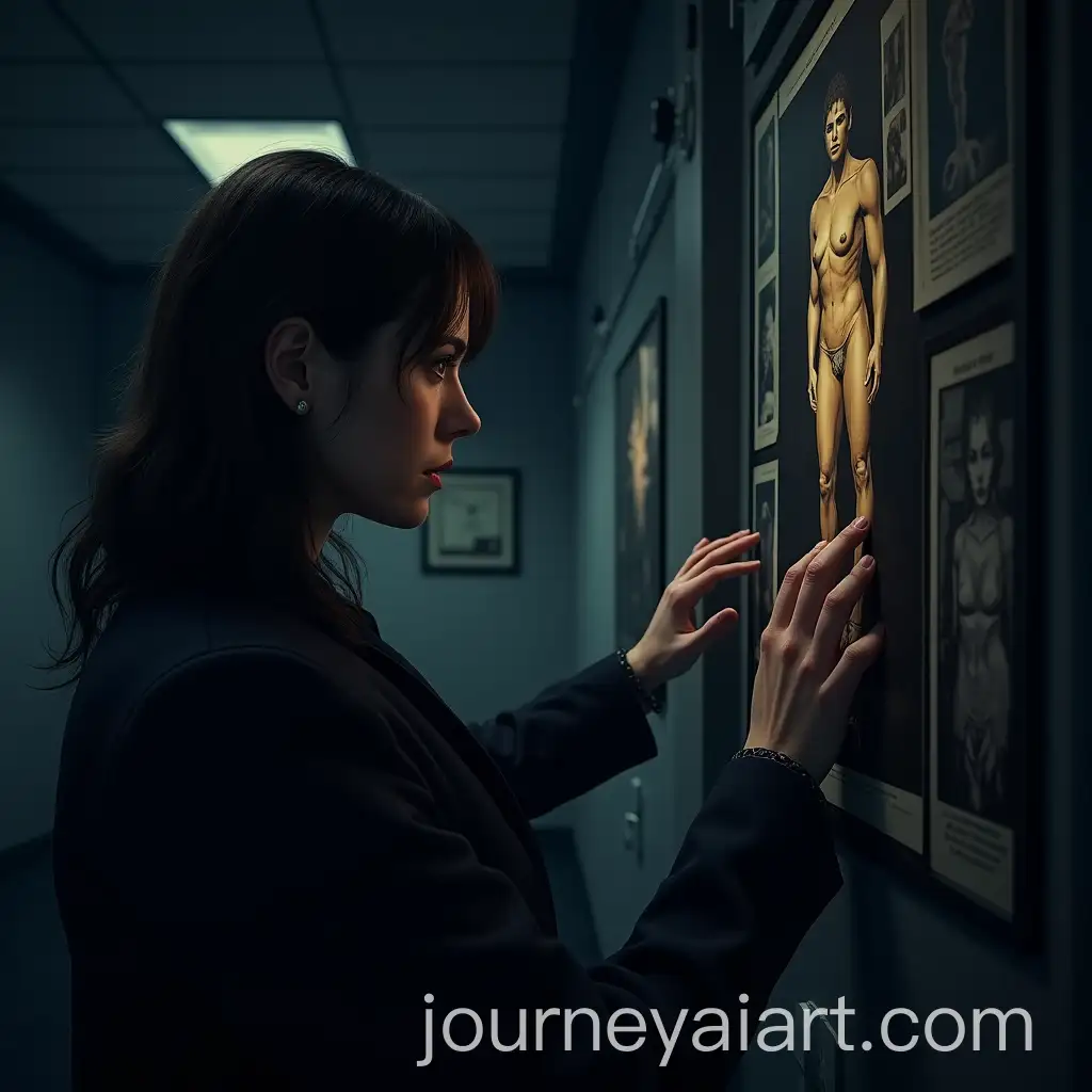 Detective-Emma-Carter-Analyzing-Crime-Scene-Photos-in-Dimly-Lit-Police-Station-at-Night