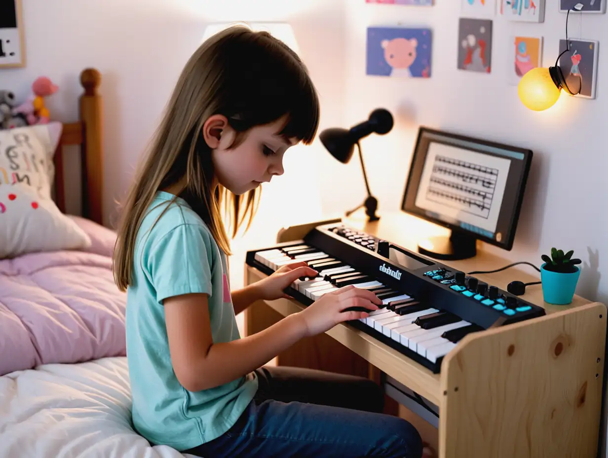 Young Girl Playing Tiny Keyboard in Cozy Bedroom