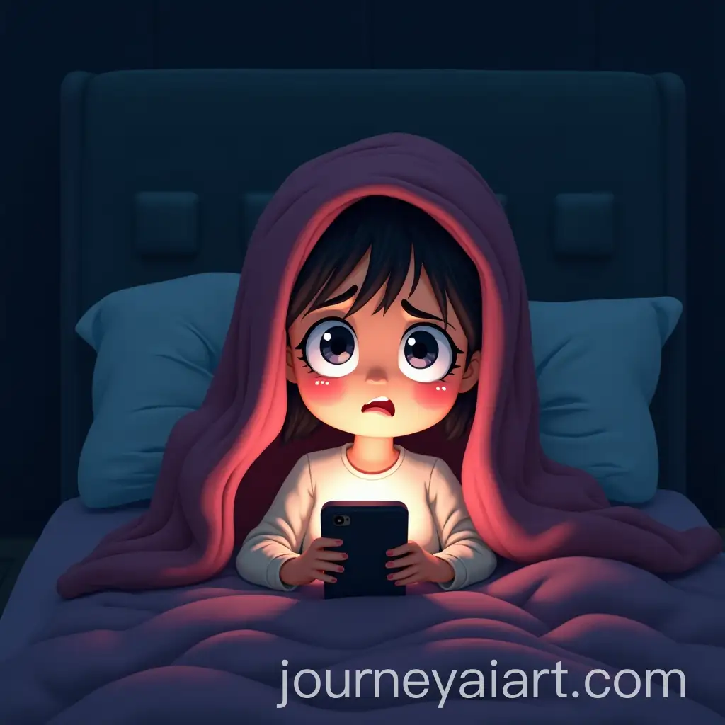 Terrified-Cartoon-Girl-Hiding-Under-Blanket-with-Phone-Flashlight