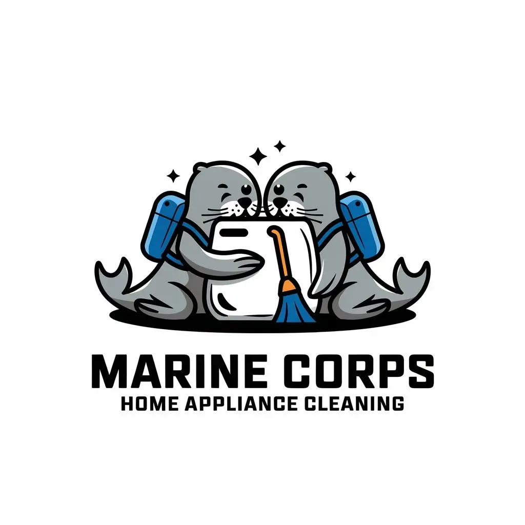 LOGO Design for Marine Corps Home Appliance Cleaning Lazy Sea Lions in Blue Work Clothes with Cleaning Theme