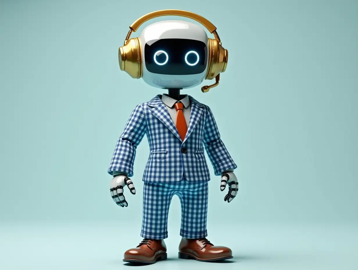 Create a high-resolution, realistic image of a robot with square eyes, golden headphones of a fashionable blue and white checked suit, patent leather shoes and strike a pose