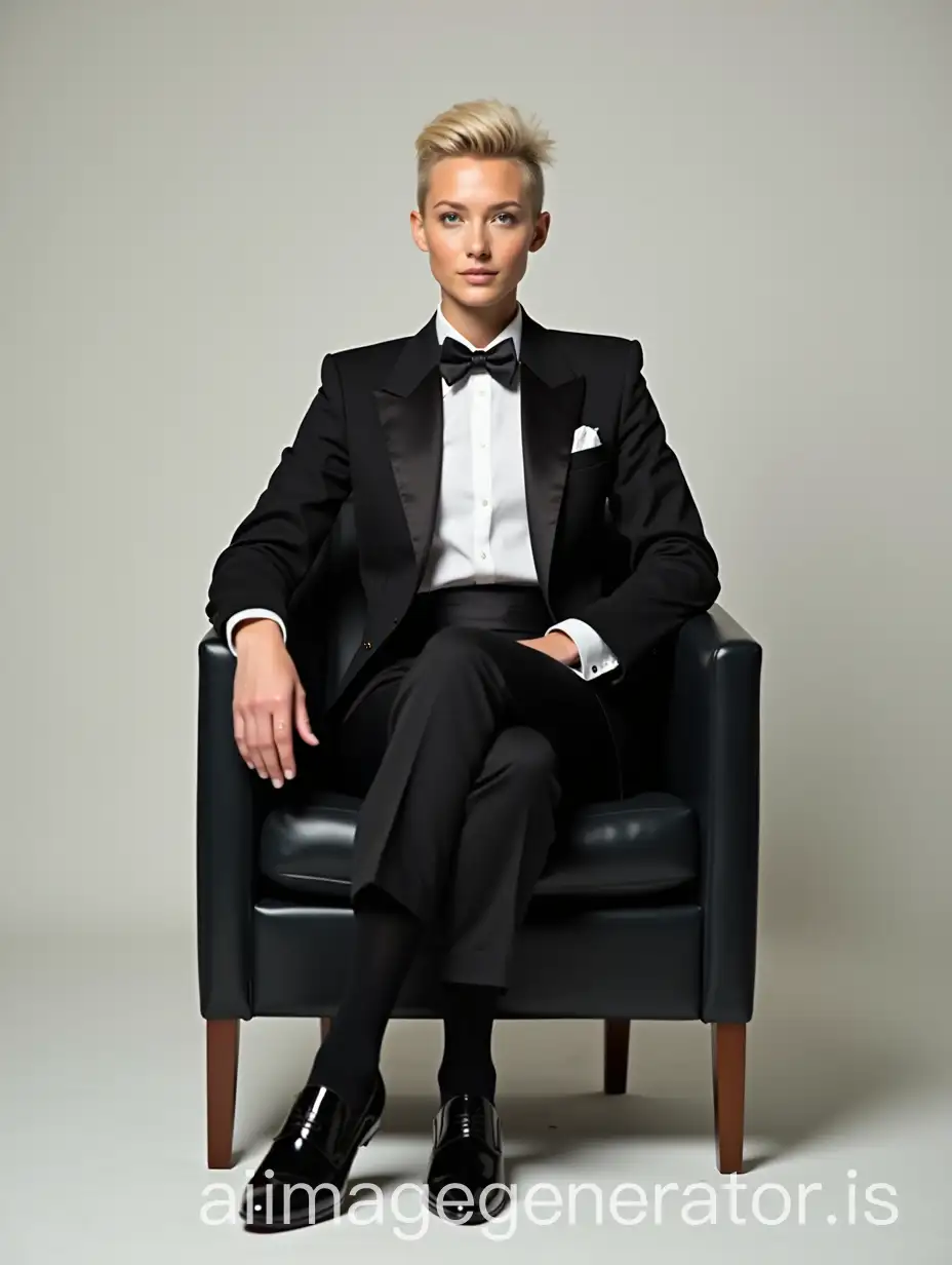 Elegant-Blonde-Woman-in-Formal-Tuxedo-Sitting-Portrait