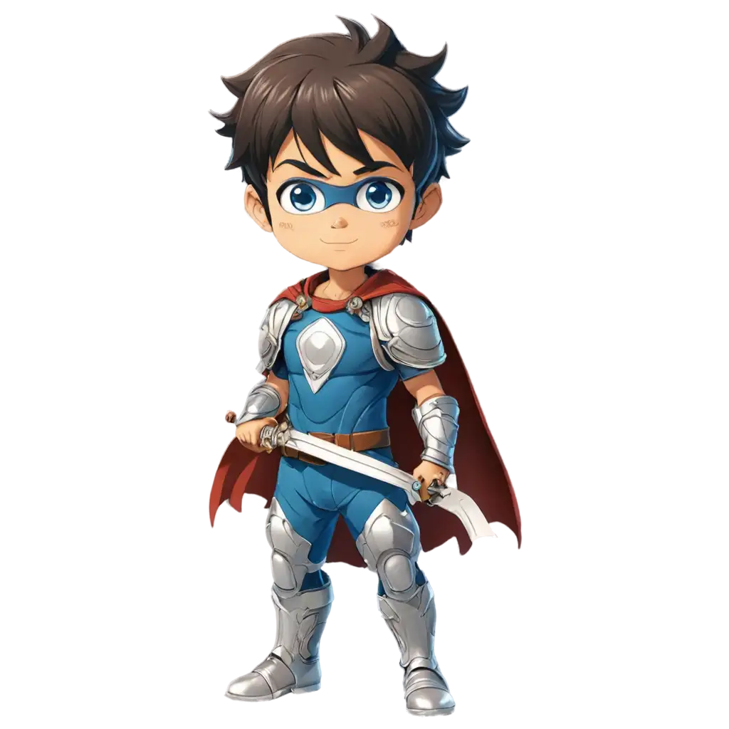 little boy anime warrior with cute weapon who is a superhero and protective world from monster