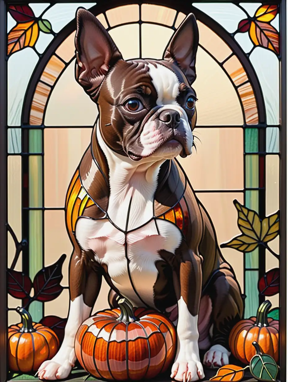 Boston Terrier Dog Sitting Behind Pumpkin and Fall Leaves in Stained Glass Design