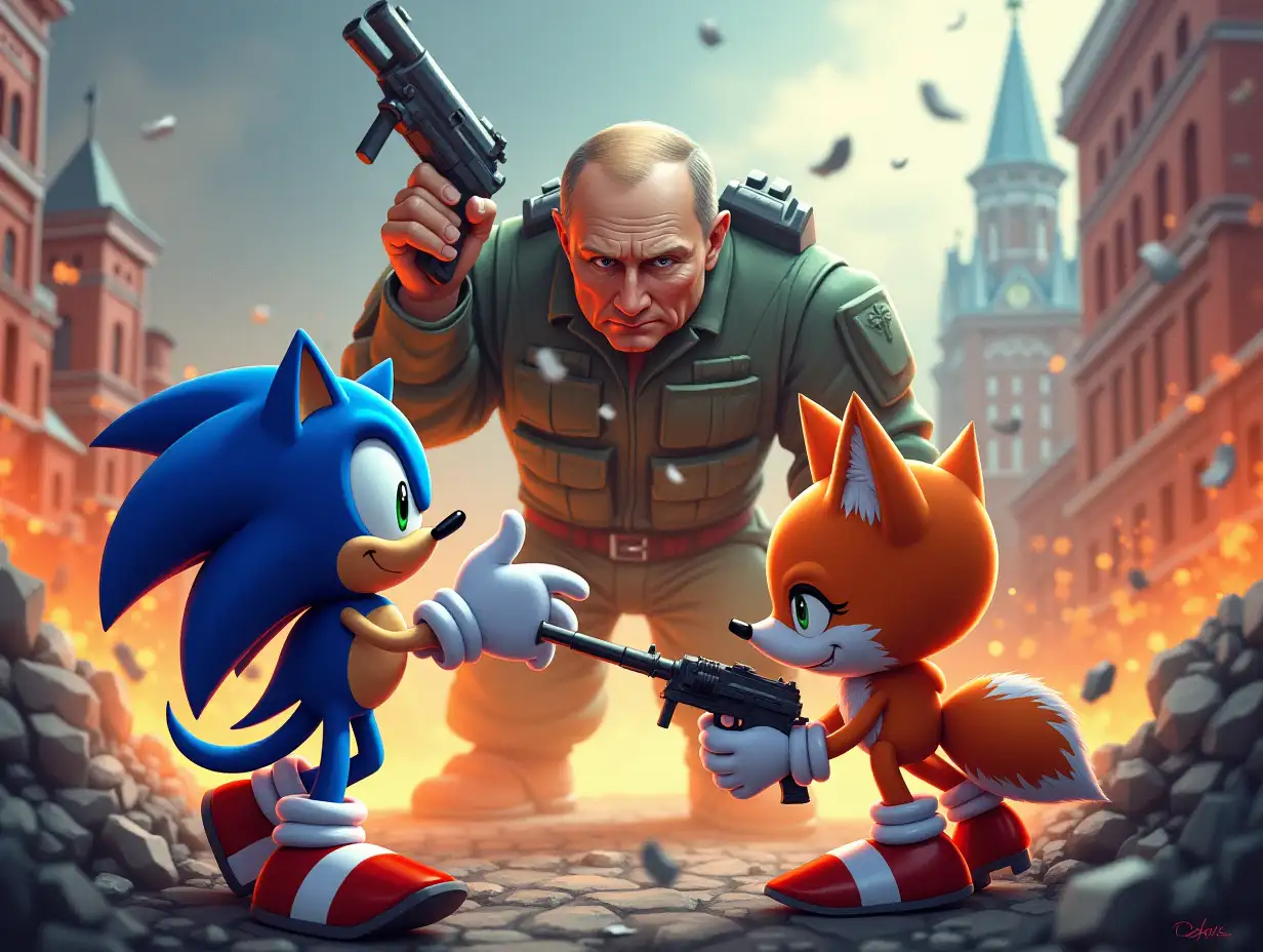 Depict Sonic and a Fox-like character battling a boss modeled after Vladimir Putin on a Red Square-inspired level. The scene features military equipment, wreckage, and symbolic details amidst intense combat chaos.