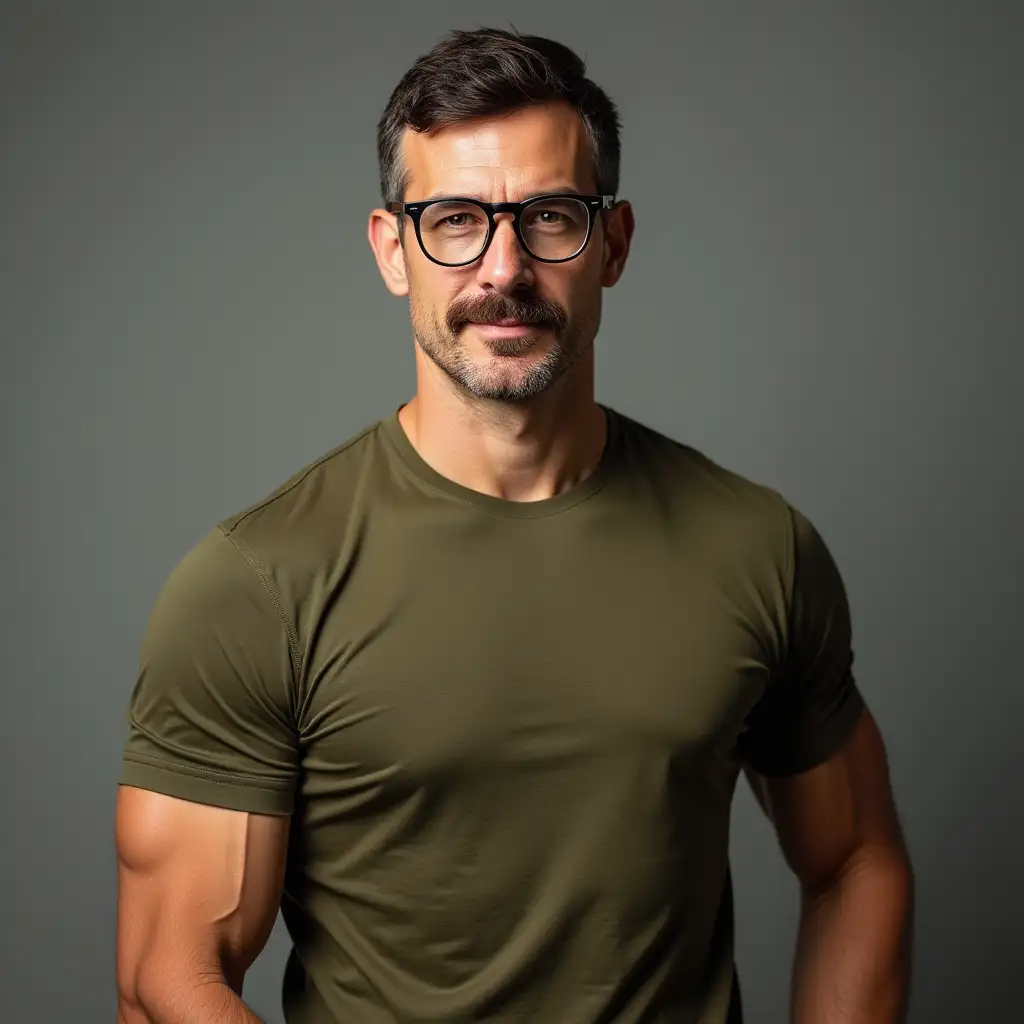 Strong MiddleAged Man with Mustache in Olive Drab TShirt