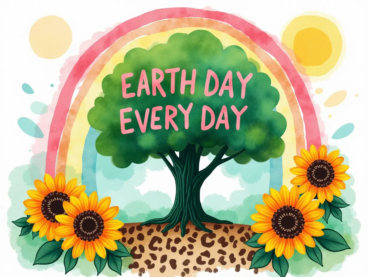 Create a vibrant and eclectic image to celebrate Earth Day. The central element should be a green tree silhouette with the text 'Earth Day Every Day' surrounding it. 'Earth Day' should be in bold, pink letters on the left side of the tree, and 'Every Day' in bold, black letters on the right side. Behind the tree, there should be a colorful rainbow with shades of pink, yellow, green, and brown. The background should feature a mix of turquoise splashes, leopard print patterns, and wooden textures. Scatter large, bright sunflowers throughout the image to add a cheerful and natural element. Watercolor painting