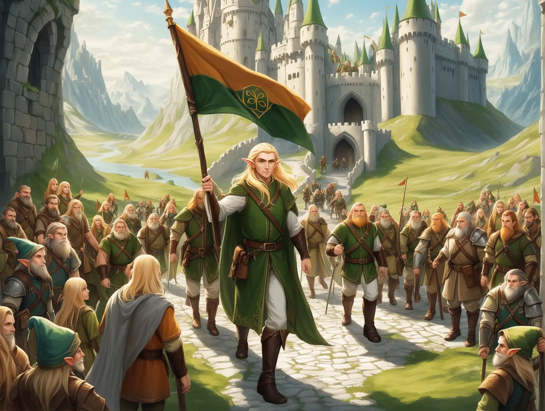 Male-Elf-Leading-Expedition-with-Flag-Out-of-a-Castle