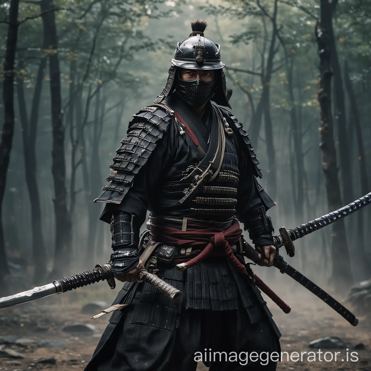 Japanese samurai in ronin gear holding two katana blades. Duel-wielding the swords. Samurai is also wearing a helmet and the background will be a battlefield. 8K Resolution.