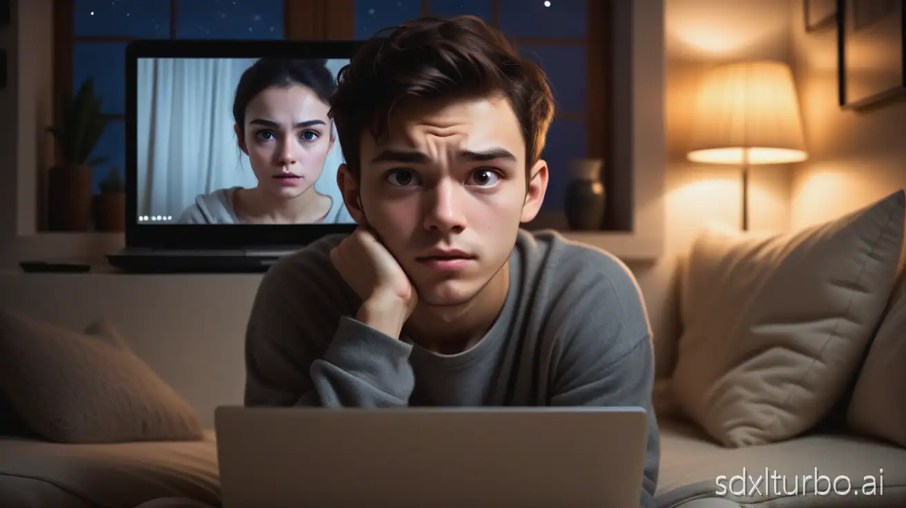 Young adult watching drama series at night, looking focused, soft screen glow on face, laptop screen partially visible, cozy indoor room, natural expression, realistic lighting