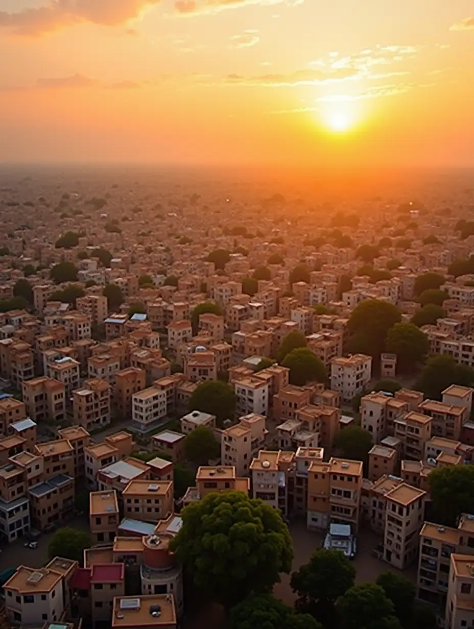 view of bikaner, aerial shot, vibrant color grading, WITH GOLDEN HOUR LIGHTING, SOME TREES ARE ALSO VISIBLE