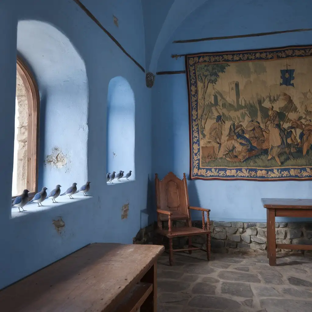 Bluebirds Perched in an Empty Castle Room